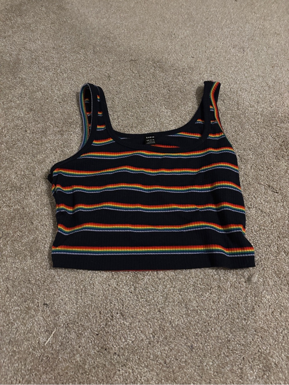 SHEIN Black Cropped Tank Top with Rainbow Stripes